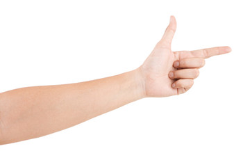 Male asian hand gestures isolated over the white background. POINTING POSE.
