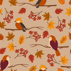 autumn seamless pattern with birds leaves - vector illustration, eps