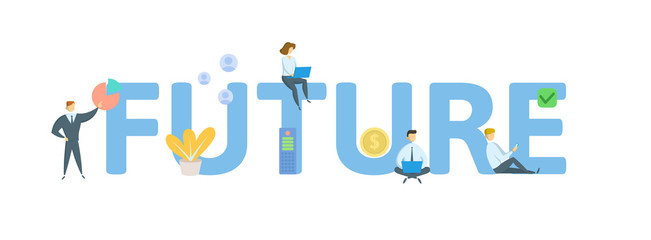 FUTURE. Concept with people, letters and icons. Colored flat vector illustration. Isolated on white background.