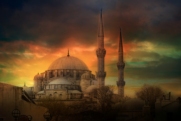 Beautiful sunrise over the Fatih Mosque (Conqueror's Mosque), Istanbul, Turkey.