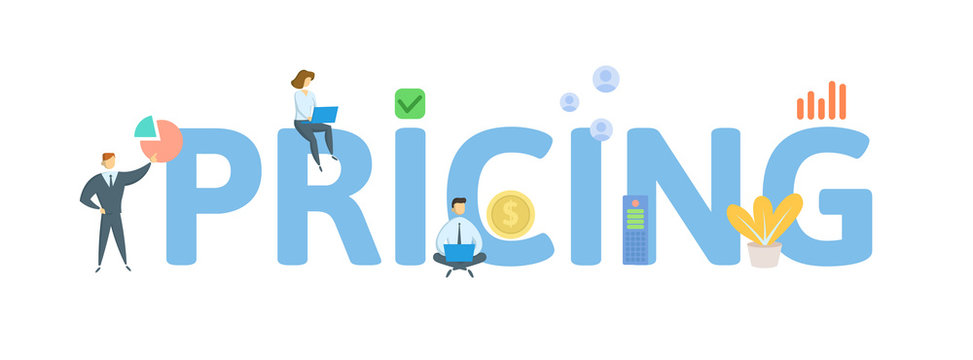 PRICING. Concept with people, letters and icons. Colored flat vector illustration. Isolated on white background.