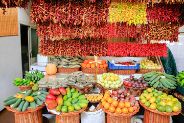 Portuguese market stall with assortment fresh fruits