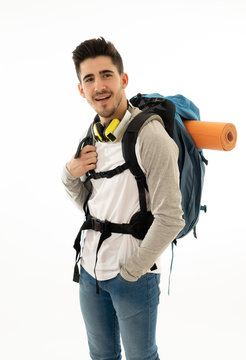 Happy Portrait Of Attractive Young Backpacker Isolated On White