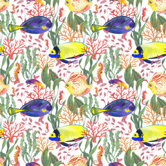 Watercolor seamless pattern with coral reef on the white background.