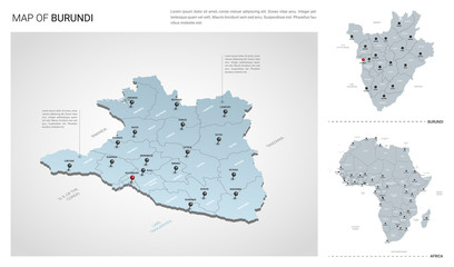 Vector set of Burundi country.  Isometric 3d map, Burundi map, Africa map - with region, state names and city names.