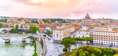 Vatican City with St. Peter's Basilica. Panoramic skyline view from Castel Sant'Angelo, Rome, Italy