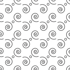 Black regular swirl elements and circles on a white background