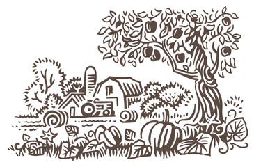 Farmland harvest time illustration. Rural landscape in autumn. Vector. 