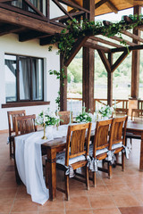 Eco-friendly, wedding decor. Wooden table newlyweds for a party.