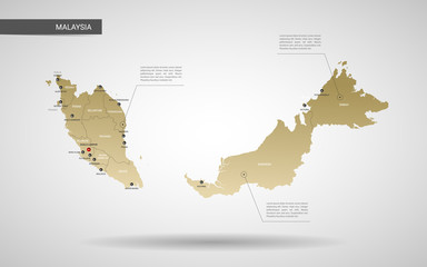 Stylized vector Malaysia map.  Infographic 3d gold map illustration with cities, borders, capital, administrative divisions and pointer marks, shadow; gradient background. 