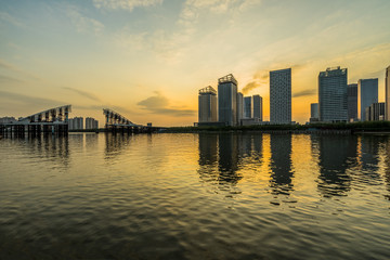 urban skyline and modern buildings at dusk, cityscape of China.