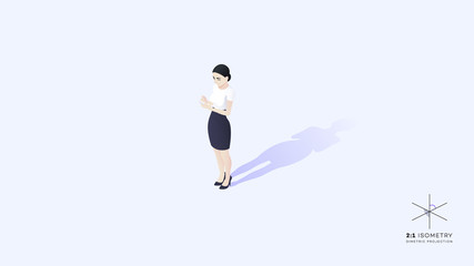 Beautiful young business lady facing audience. She holds mobile phone.