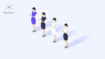 Beautiful young business lady facing audience. She holds mobile phone.