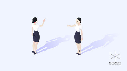 Beautiful young business lady. She is dressed in a strict corporate style. The girl's hand points forward and upward.