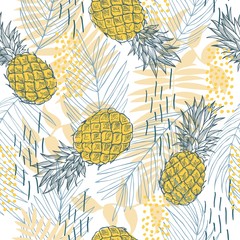 Hand getekende tropische planten en ananas. Vector naadloos patroon