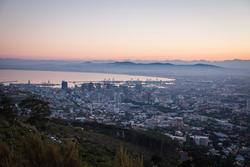 Sunrise On Lion's Head and Signal Hill Looking over Cape Town City In The Early Morning in South Africa
