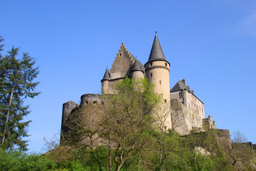 Fototapeta na wymiar Vianden, Luxembourg - April 29, 2019 : Vianden is a fortified castle located in the north of Luxembourg, near the border of Germany. It is one of the most popular tourist attraction in Luxembourg.