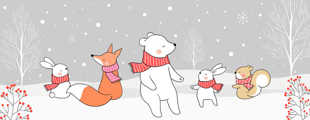 Draw cute animal in snow  for Christmas day and New year.