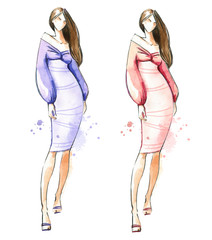 Young woman wearing skinny elegant dress, watercolor fashion illustration