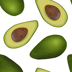 Falling Avocado seamless vector pattern ripe raw fruit. Persea americana exotic whole and halved