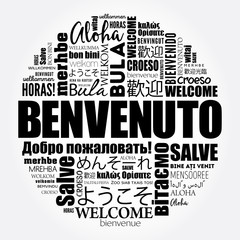 Benvenuto (Welcome in Italian) word cloud in different languages, conceptual background