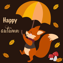 poster happy autumn with fox - vector illustration, eps