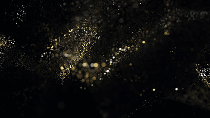 Golden glitter lights particles bokeh, abstract background, magic sparkle, shimmering dust with light effect