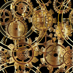 Seamless pattern with gears and watches in the style of steampunk. Vector illustration.