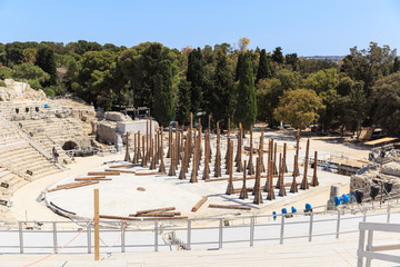 Working Theater scene of Teatro Greco, Greek amphitheater in Siracusa, spring sunny day