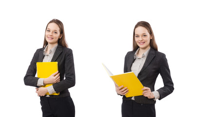 Working lady with paper isolated on white