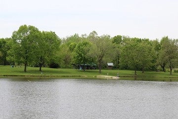 A beautiful spring day at the park and the lake.