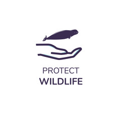 Simple logo with text "Protect Wildlife". Icon of beluga dolphin in hand. Suitable for greeting card, poster and banner.