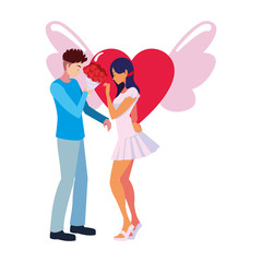 couple romantic flowers heart love wings
