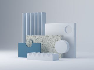 3d rendering, minimal abstract background in blue pastel colors.  Minimal scenery with textured shapes and podium. Terrazzo layers and curved shapes to show products. Scene with geometric forms. 