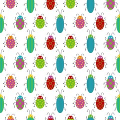 Seamless pattern with cute colorful bugs. Bright vector drawing of small beetles.