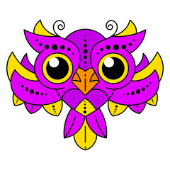 Cute Cartoon Owl With Feathers On White Background. Vector
