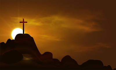 Christian religious design for Easter celebration. Resurrection of Jesus Christ. The dawn of the new morning and the cross is empty. Vector illustration