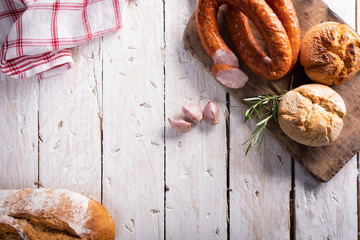 Country sausage with garlic and herbs. Traditional sausage