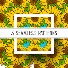 Set Seamless Pattern Of Sunflowers With Green Leaves Vector