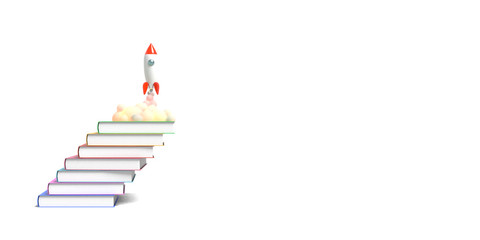 Toy rocket takes off from the books spewing smoke on a white background. Symbol of desire for education and knowledge. School illustration. 3D rendering.