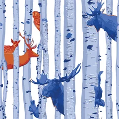 Wall murals Birch trees Wild forest animals hiding among the birch trees