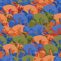 Repeated seamless pattern of cute rabbits in the side view