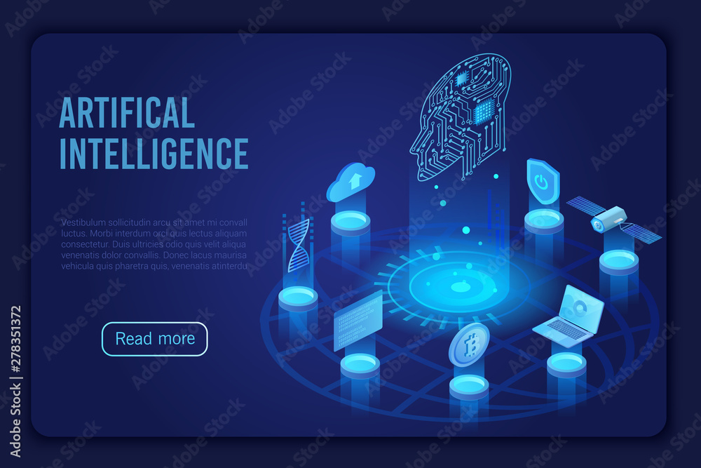 Aufkleber Artificial intelligence dark neon light landing page isometric vector template. Futuristic innovation, cloud computing server. Datacenter, database website homepage 3d layout.