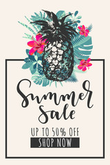 Summer Sale banner. Up to 50 per cent discount offer. Tropical design with pineapple, monstera leaves and hibiscus flowers. Bright jungle vivid optimistic juicy colors. Bouncy lettering. Vector