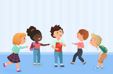 Problem of kids bullying at school. Multiracial boys and girls humiliate, offend, tease, gossip, force, threat, intimidate or aggressively dominate others.