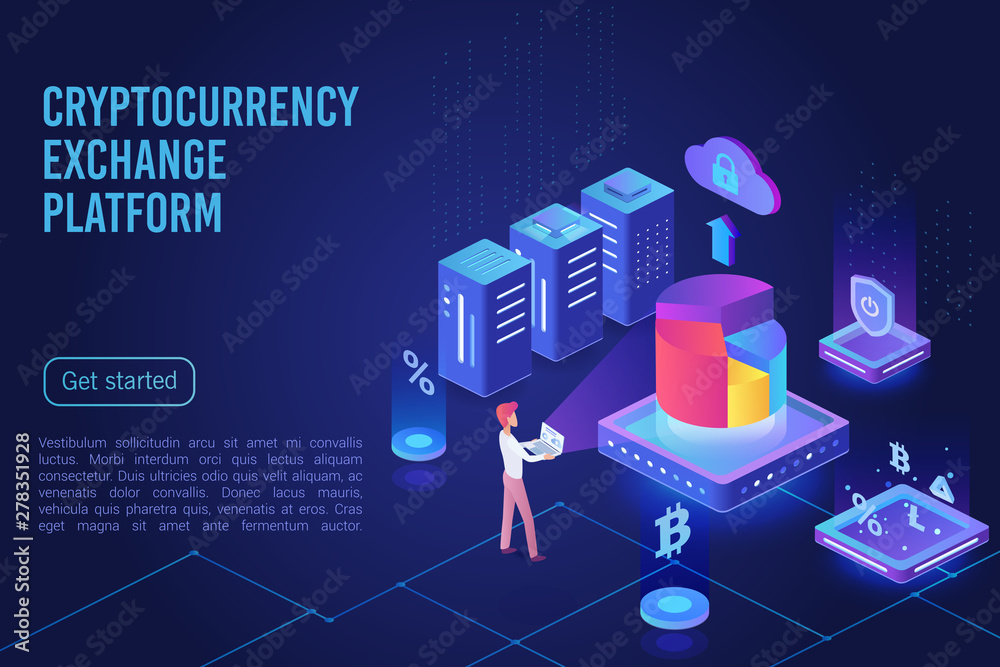 Poster cryptocurrency exchange platform dark ultraviolet light landing page vector template. bitcoin financ