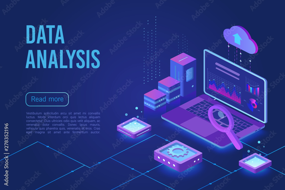 Aufkleber Data analysis dark neon light isometric web vector template. Web analytics, marketing service. Big data, Iot 3d concept. Business financial research. Database, data storage. Statistics analyzing