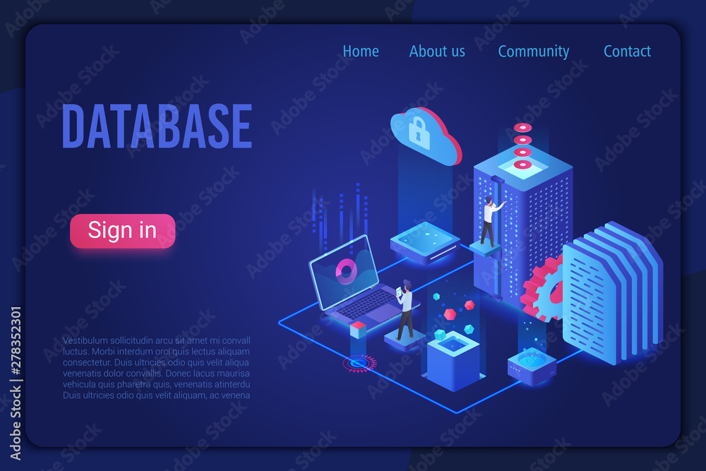 Poster Database landing page dark neon light isometric vector template. Internet of things, data server storage 3d web banner. Telecommunication, cloud computing service website homepage.