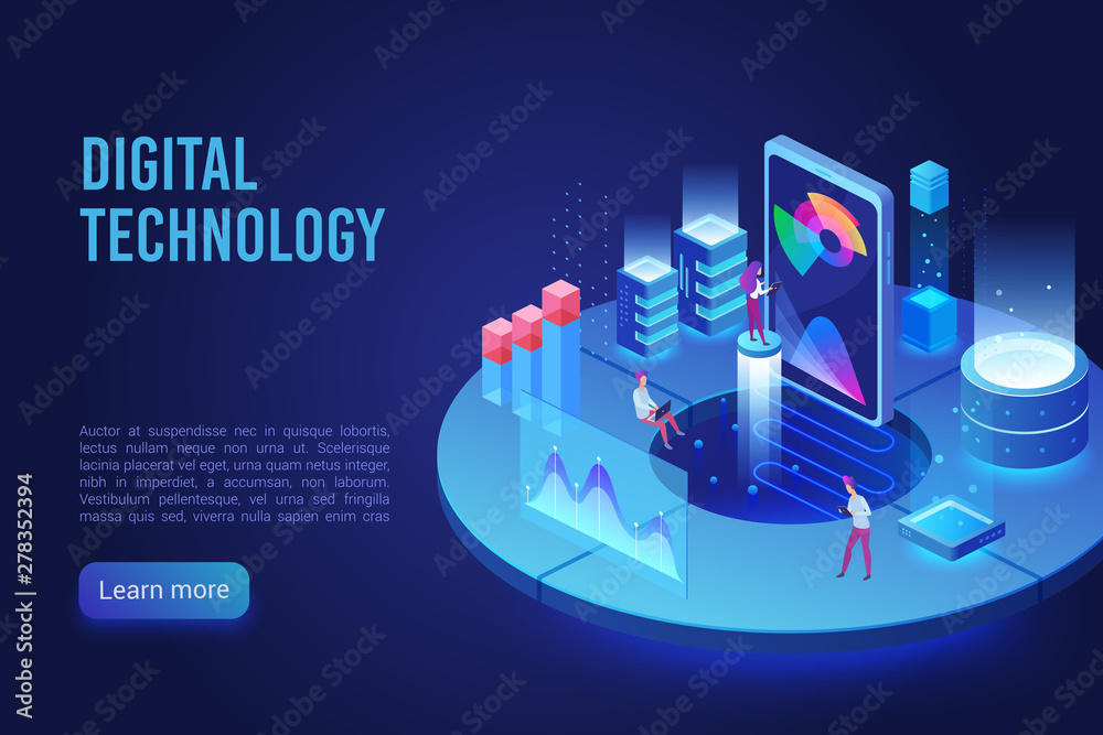 Aufkleber Digital and Internet technology dark neon light landing page isometric vector template. App interface, web development 3d web banner concept. Software programming, optimization and testing