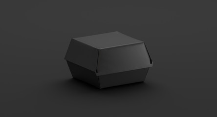 Blank black burger box mockup, side view, 3d rendering. Empty dark fast food takeout wrapping mockup for snack. Clear portable eco-friendly boxed packaging for delivery template.